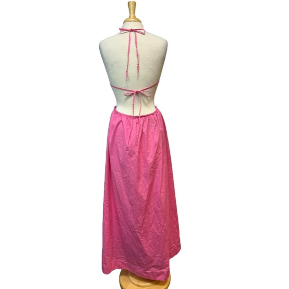 Straud Apfel Long Halter Dress Pink Cotton Open Back w/ Ties Full Skirt SZ  L - Picture 6 of 16